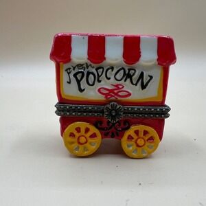 Vintage Popcorn Cart  Trinket Box Hinged Mini Wagon Red White tiny popcorn
